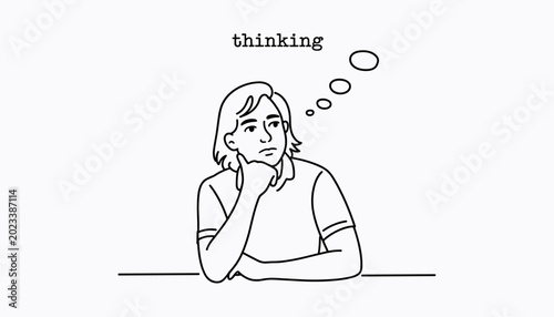 Schilderij op canvas Person thinking with hand on chin and thought bubbles vector illustration isolat