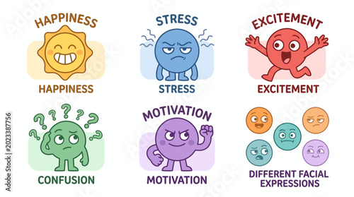 Cute funny monster emoji characters showing stress and motivation emotions