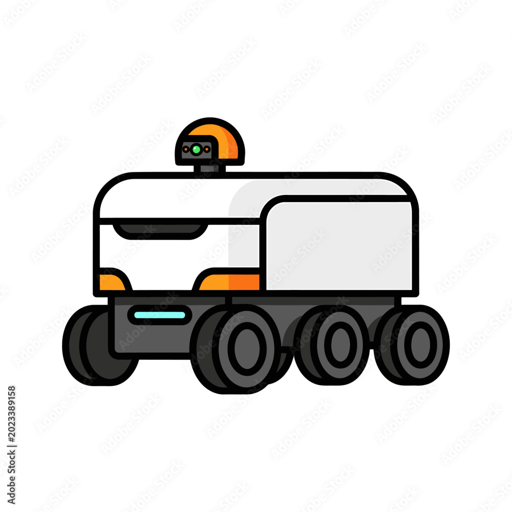 Naklejka premium Autonomous delivery robot with multiple wheels and sensors for efficient navigation and transport.