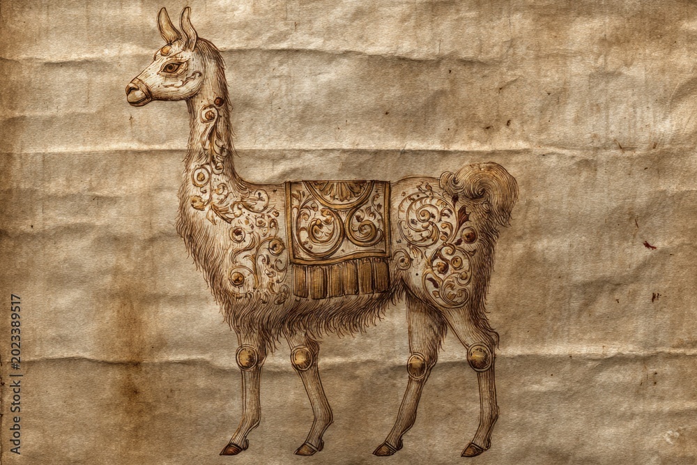 Fototapeta premium Illustration of a Decorative Llama on Aged Paper Background, Vintage Style
