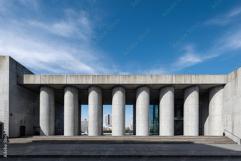 Obraz premium A modern concrete building facade featuring large cylindrical columns with an open-air walkway. The sky is blue with scattered clouds