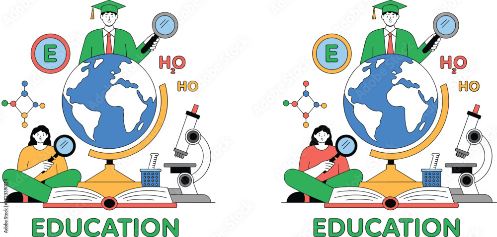 Naklejka premium Global Education Concept Vector Illustration with School, Science, Geography and Learning Elements for Academic and Teaching Design Projects