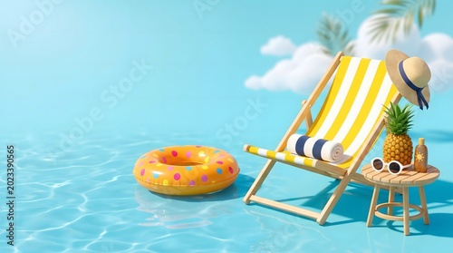 Summer Relaxation Scene - Beach Chair, Pineapple, and Accessories in a Pool Setting.
