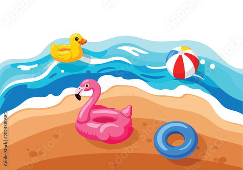 Colorful beach scene with inflatable flamingo, duck, and beach ball on sandy shore