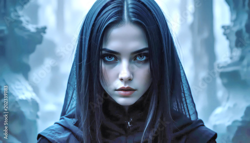 Mysterious Hooded Woman With Piercing Blue Eyes Gothic Portrait in Misty Ancient Ruins and Fog.