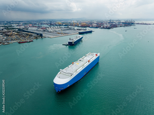 Large Car Carrier Vessels Navigating The Waters Of Laem Chabang Port In Thailand For Global Automotive Logistics And International Trade
