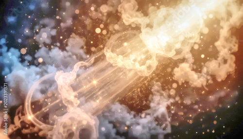Ethereal Golden Cosmic Smoke and Particles Illuminating an Abstract Nebula of Light and Energy.