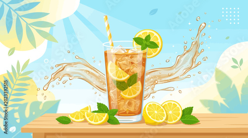Refreshing iced tea with lemon and mint on a wooden table, set against a vibrant summer background with splashes and stylized leaves.