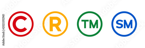 Intellectual property law icon set with registered, trademark, copyright, unregistered trademark, and service mark symbols. Vector illustration transparent background