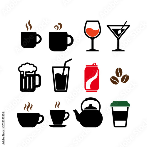 Drinks and beverages silhouette icon set isolated on white background