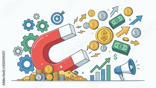 Flat Vector Illustration of a Large Horseshoe Magnet Attracting Money, Gold Coins, and Banknotes, Representing Wealth Attraction, Marketing Strategy, Financial Success, and Business Growth