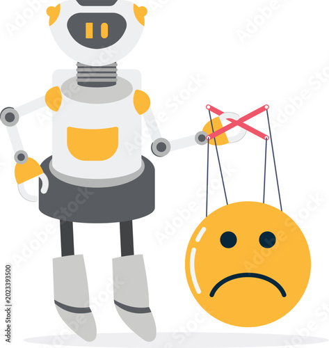 AI robot controlling orange sad face emoji with puppet strings