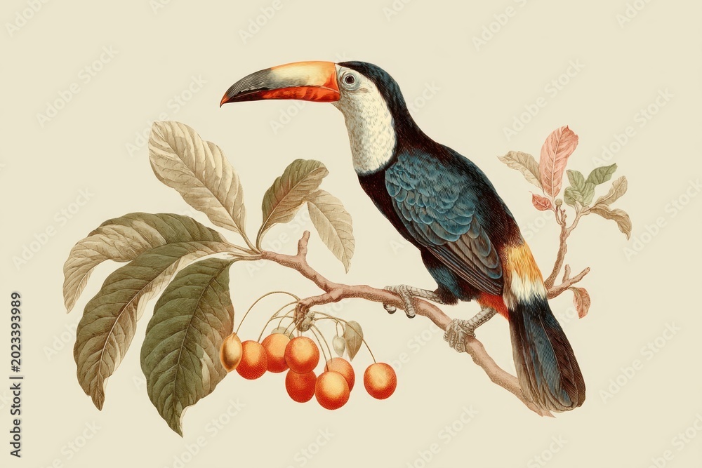 Fototapeta premium Vibrant Toucan Perch on Branch with Berries - Vintage Botanical Illustration