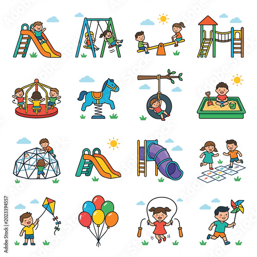 Foto Children Playing on Various Playground Equipment.