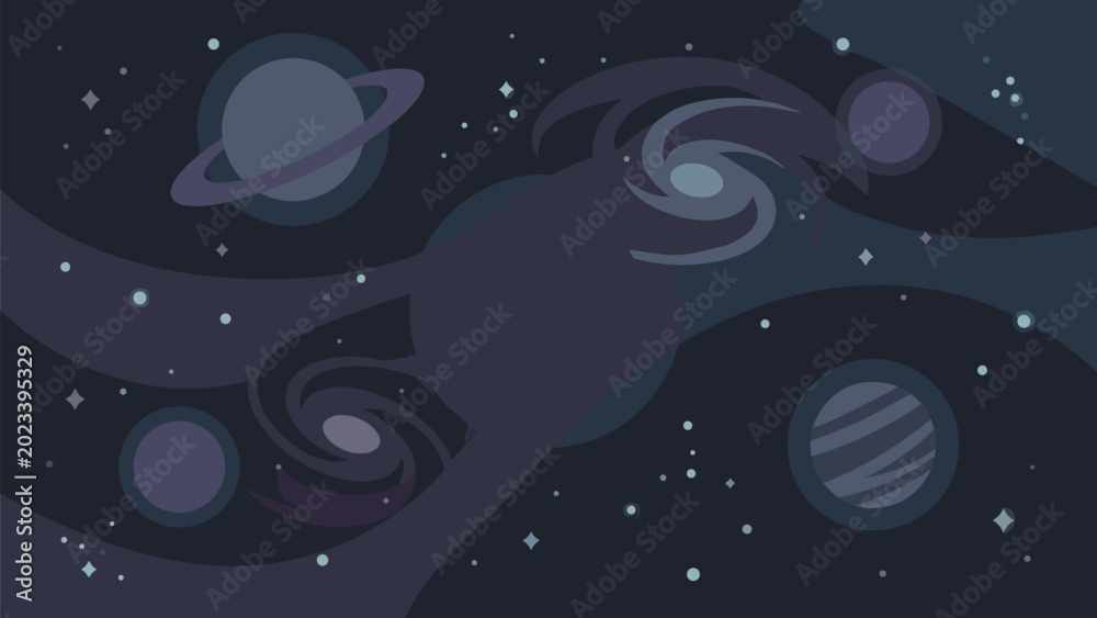 Fototapeta premium Deep Space Background with Stylized Planets, Spiral Galaxies, and Twinkling Stars in a Flat Vector Illustration Style, Ideal for Astronomy, Cosmos, and Science Fiction Themed Graphic Design Projects