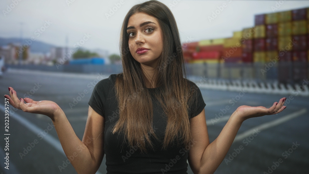 Fototapeta premium Woman in black t shirt raises hands palms up in shrug gesture on street near stacked shipping containers and empty roadway, long brown hair and neutral expression; uncertainty doubt questioning.