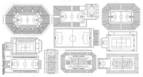 Bilde på lerret Collection of Sports Arena and Court Layouts Top Down View.