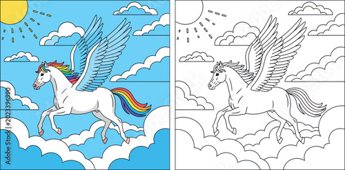 Bild auf Leinwand Magical White Pegasus with Rainbow Mane and Tail Flying in a Blue Sky with Cloud