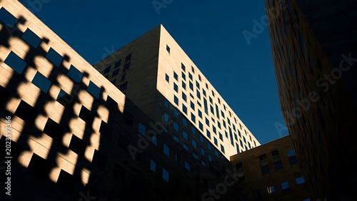 Dramatic interplay of sunlight and shadows on a modern building facade, creating striking geometric patterns and abstract forms against a clear blue sky