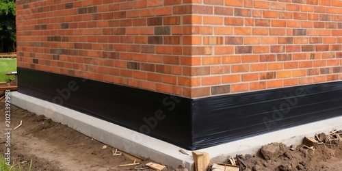 Brick house foundation corner shows exterior waterproofing membrane applied over concrete base. Black protective layer stops water moisture from damaging structure. New home build or repair.