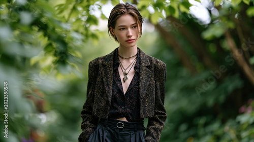 A model with ambiguous styling, cropped blazer, layered necklaces, wide trousers, pauses mid-stride in a lush green park, soft June light filtering through canopy above, perfect for gender fluid fas