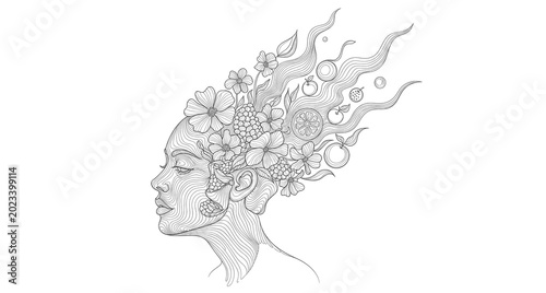 Tableau sur toile Elegant floral and wave pattern on white background, intricate line art decorati