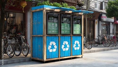 Modern urban recycling station with a living green roof promotes sustainable waste management and environmental responsibility on a bustling city street