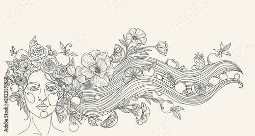 Tableau sur toile Elegant floral and wave pattern on white background, intricate line art decorati
