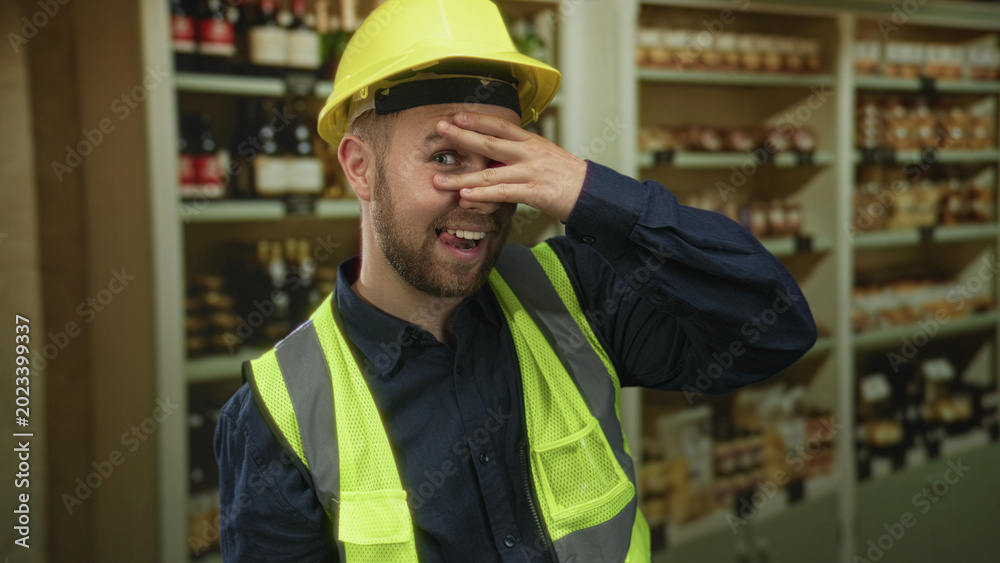 Fototapeta premium Man builder covers face with hand in supermarket aisle wearing yellow hardhat and reflective vest; awkward amusement.