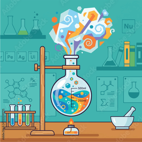 Valokuva Colorful chemistry lab glassware equipment.