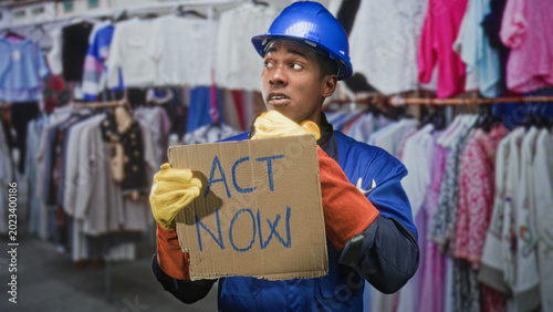 Foto Man builder in hardhat holding cardboard sign reading act now amid clothing racks inside building wearing yellow gloves and blue uniform; urgent solidarity