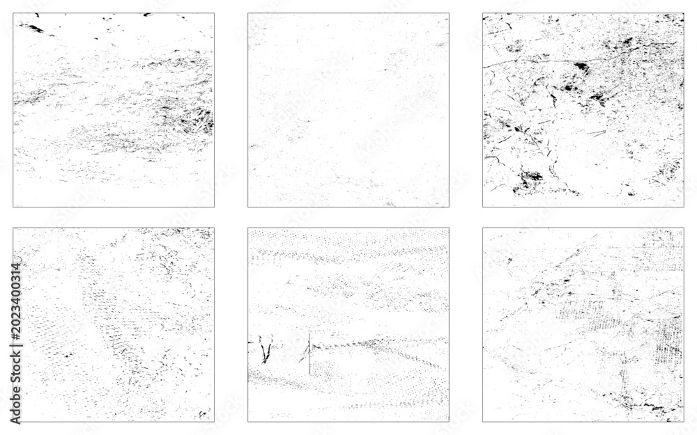 Fototapeta premium Dust Dots Grunge Texture Set. Black Dusty Scratchy Pattern Collection. Abstract Grainy Background. Vector Design Artwork.