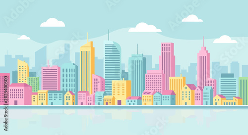 Colorful pastel cityscape with modern skyscrapers and clouds reflecting in water