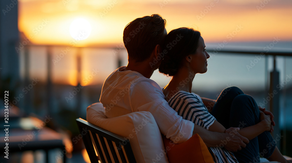 Fototapeta premium A silhouetted couple watches a calm sunset over the sea from a bright soft hotel balcony balcony sunset faceless silhouettes golden sunset blurred backdrop hotel balcony sea