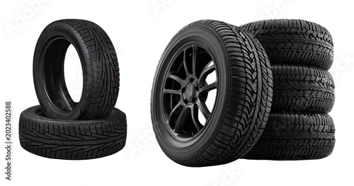 Fotografía Two car tires stacked isolated PNG on transparent background, new winter automob