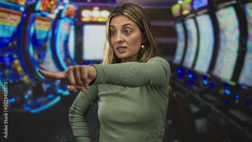 Tableau sur toile Young blonde woman at slot machine with hands on hips looking down in building; frustration loss regret