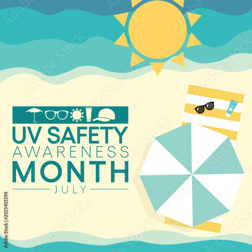 Foto UV safety awareness month is observed every year in July, it is a type of electromagnetic radiation that makes black light posters glow, and is responsible for summer tans and sunburns