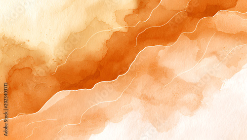 An abstract image featuring layered watercolor washes in shades of orange and peach, with delicate, white lines