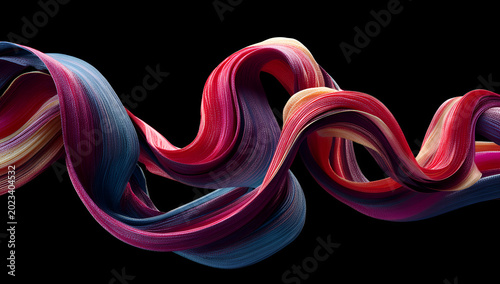 A vibrant flowing ribbon of blended colors, including red, purple, and blue, against a stark black background