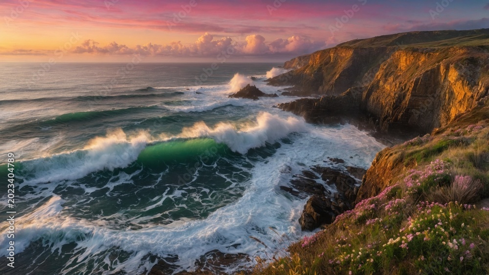 Obraz premium Serene coastal sunset with crashing waves, rocky cliffs, and blooming flowers in the foreground