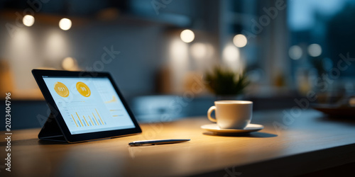 Tablet displaying business charts and graphs on wooden table with pen and coffee cup in cozy modern environment
