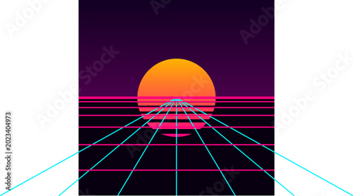 Tableau sur toile Retro synthwave neon sun with perspective grid on black background