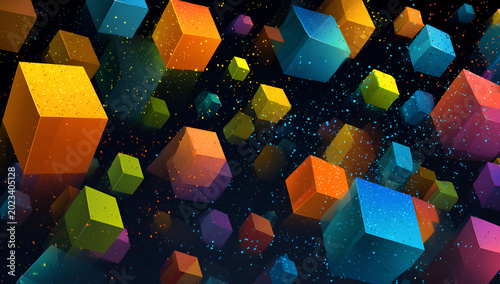 A vibrant abstract composition features numerous colorful cubes of varying sizes suspended against a dark, speckled background