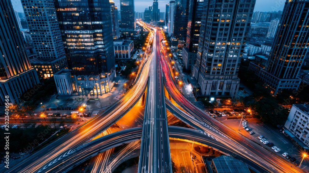 Obraz premium City traffic light trails over urban interchange at night