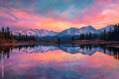 A serene landscape, showcasing snow-capped peaks mirrored in still water under a vibrantly colored sky at sunrise or sunset