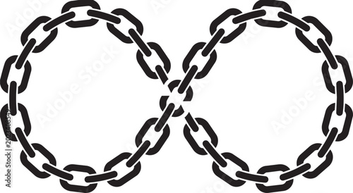 Black metal chain links forming an infinity symbol shape isolated on transparent background, Vector