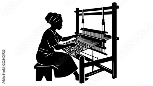 Black silhouette of an african woman weaving traditional fabric on a wooden loom isolated on transparent background, Vector