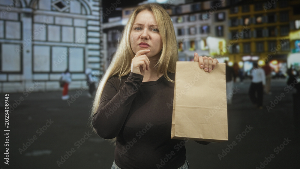 Fototapeta premium Blonde woman holding paper bag, finger on chin while presenting package in street at night; doubt uncertainty.