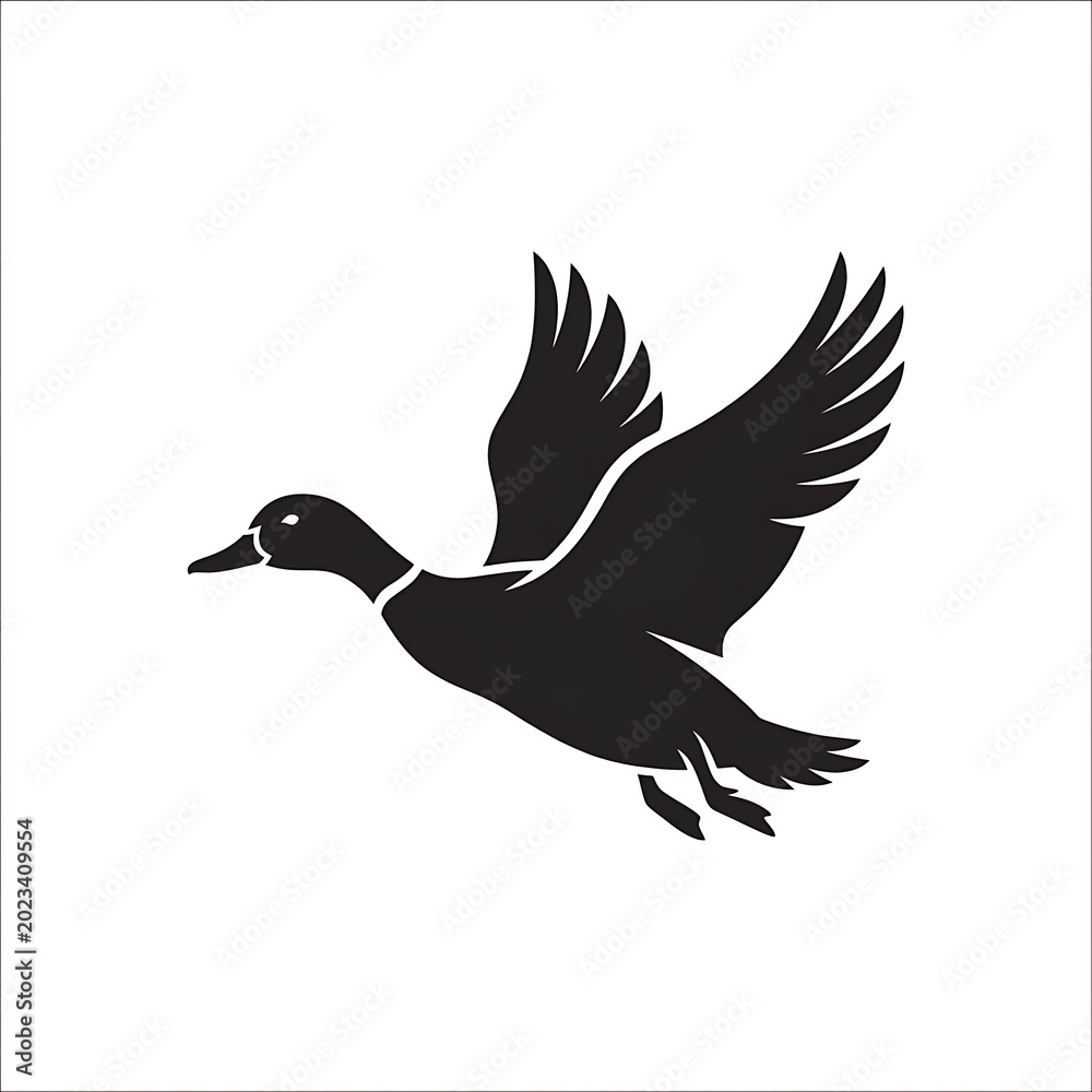 Fototapeta premium Black silhouette of flying duck in vector line art style
