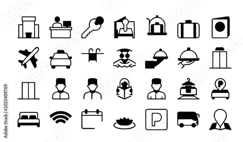Fotografie Minimal Hotel Hospitality and Travel Outline Icons Set with Editable Stroke Vect